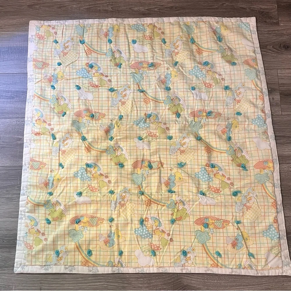 Vintage Baby Quilt‎ Reversible Animal Grid Floral Blue Yarn Tied Nursery Blanket